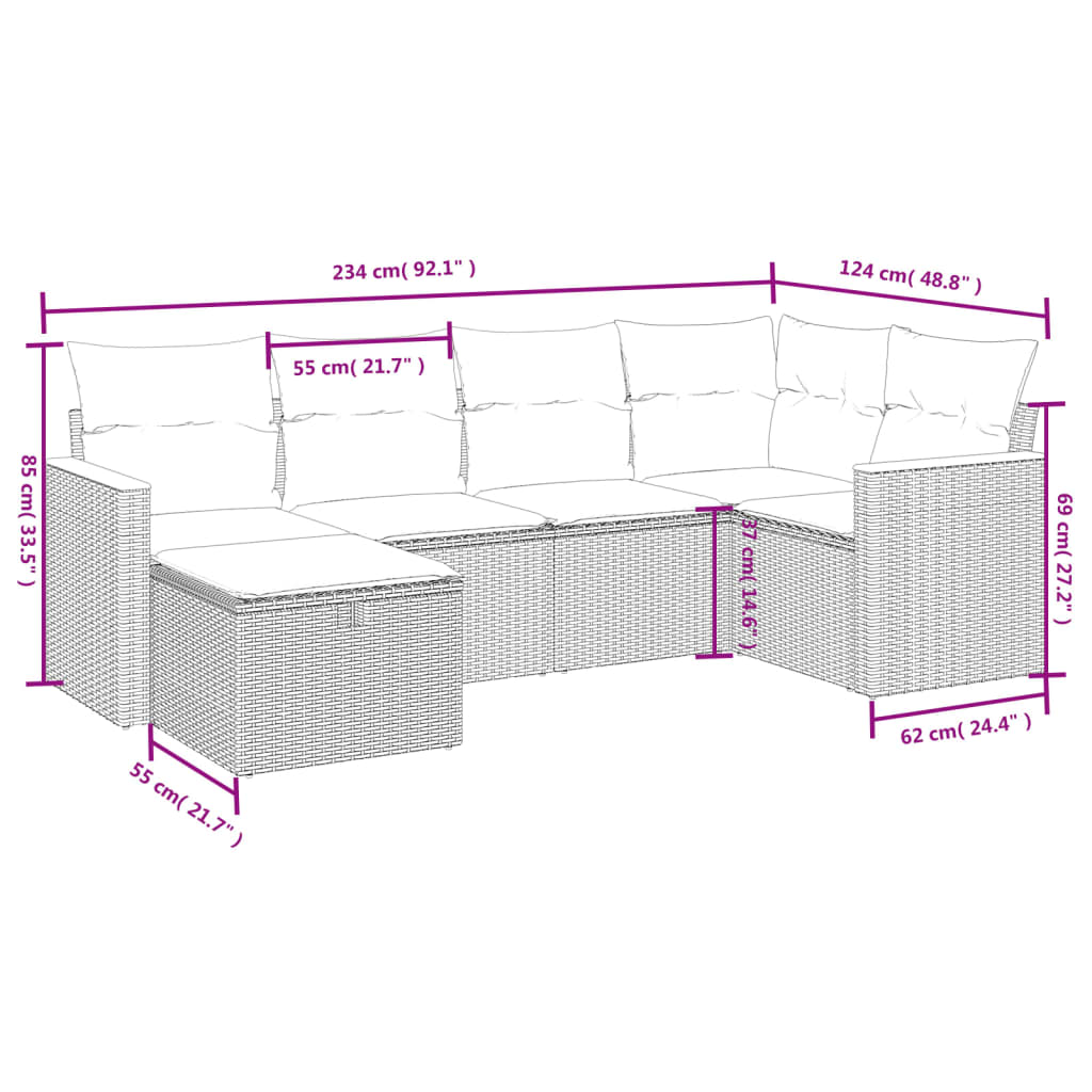 vidaXL Set Divano da Giardino 6 pz con Cuscini Nero in Polyrattan