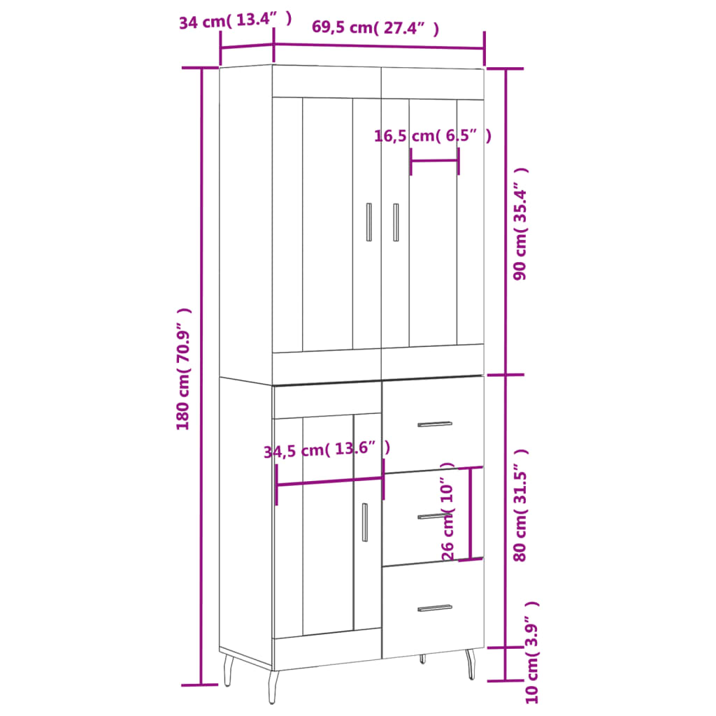 vidaXL Credenza Rovere Marrone 69,5x34x180 cm in Legno Multistrato