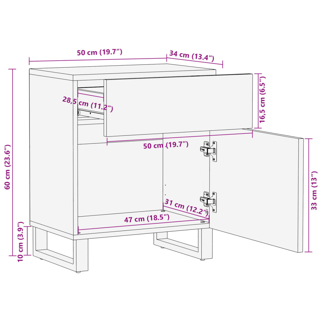 vidaXL Comodino 50x34x60 cm in Legno Massello di Acacia