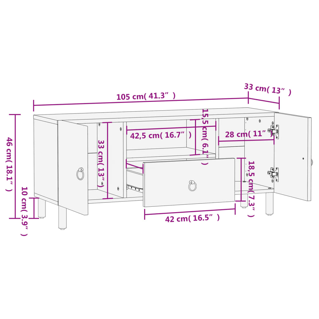 vidaXL Mobile Porta TV 105x33x46cm in Legno Massello di Mango