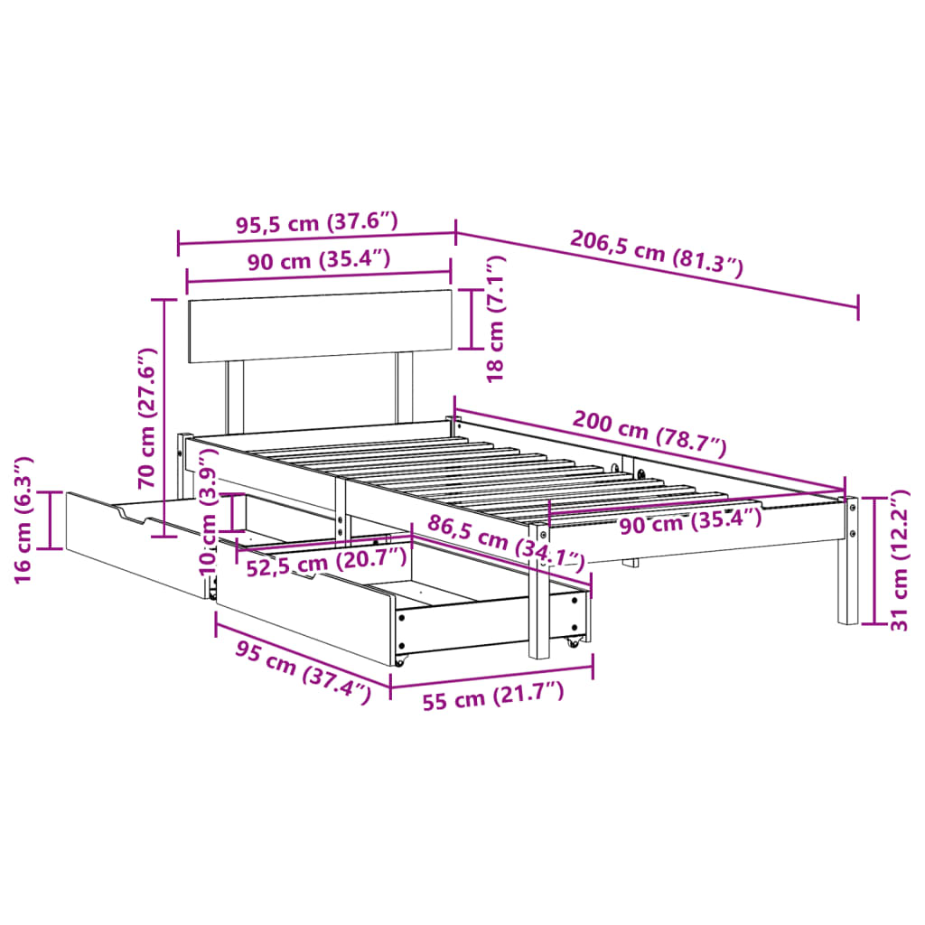 vidaXL Letto senza Materasso Bianco 90x200 cm Legno Massello di Pino