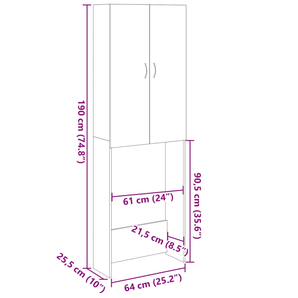 vidaXL Mobile per Lavatrice Rovere Sonoma 64x25,5x190 cm