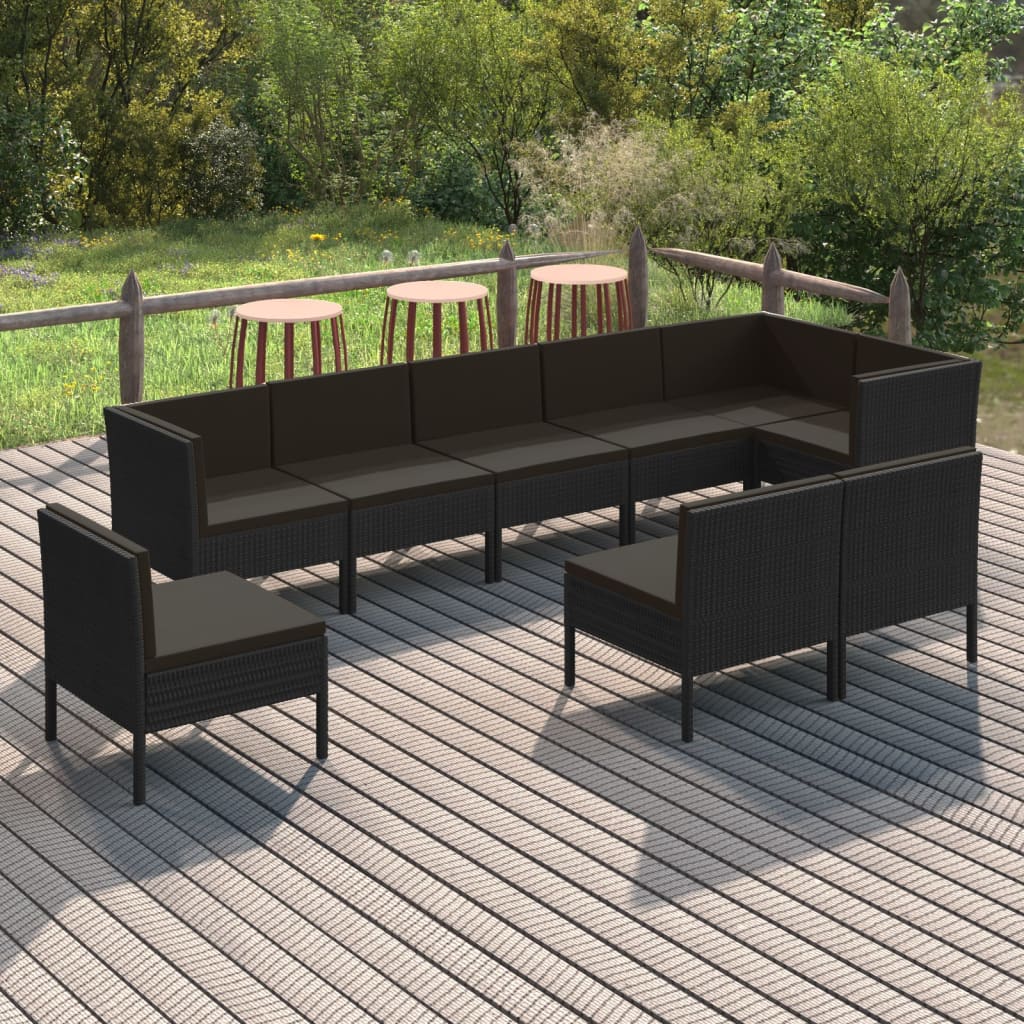 vidaXL Set Divani da Giardino 9 pz con Cuscini in Polyrattan Nero