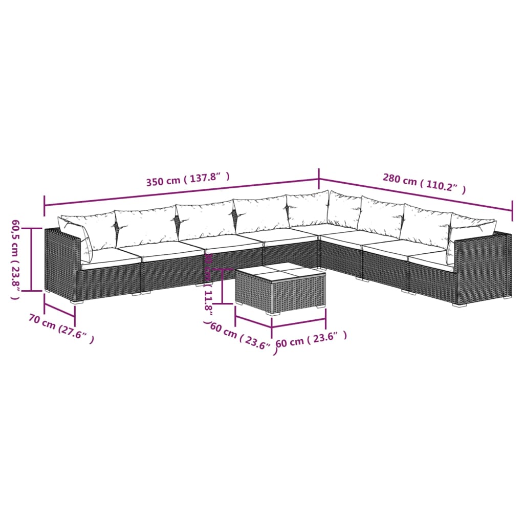 vidaXL Set Divani da Giardino 9 pz con Cuscini in Polyrattan Marrone