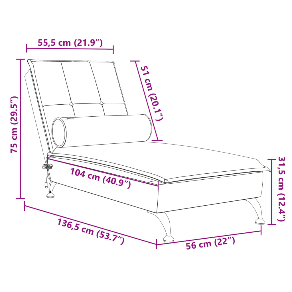 vidaXL Chaise Longue Massaggi Cuscino a Rullo Grigio Chiaro in Velluto