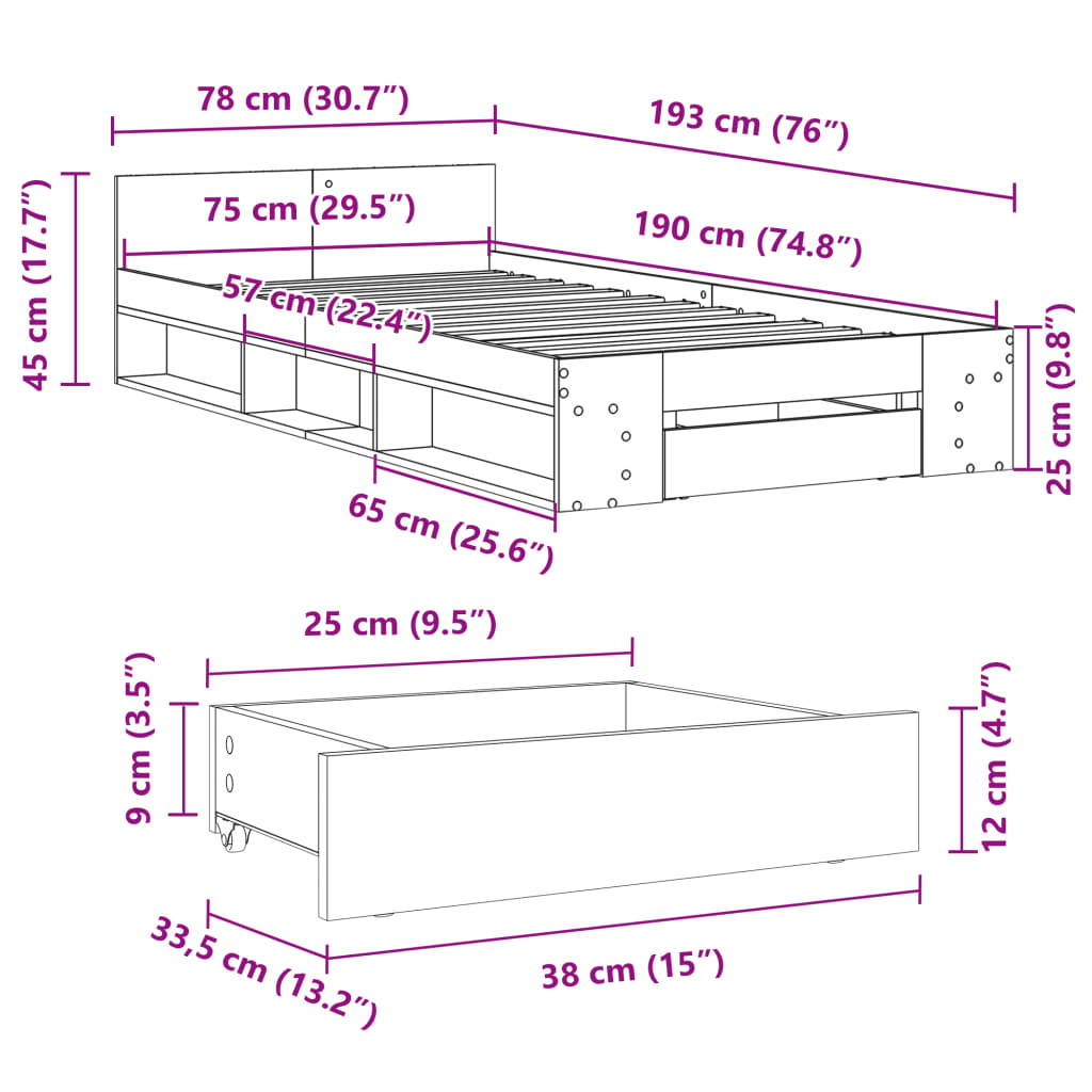 vidaXL Giroletto Cassetto Grigio Cemento 75x190 cm Legno Multistrato