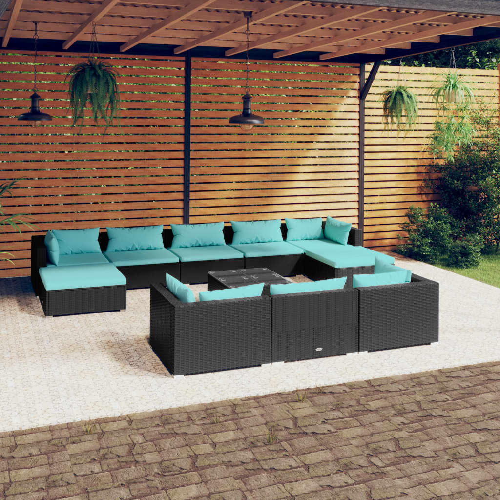 vidaXL Set Divani da Giardino 11 pz con Cuscini in Polyrattan Nero