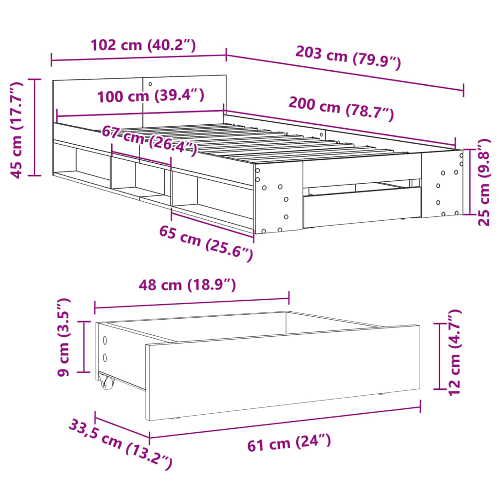 vidaXL Giroletto Cassetto Grigio Sonoma 100x200 cm Legno Multistrato