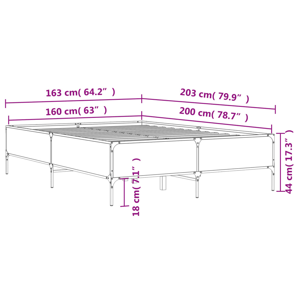 vidaXL Giroletto Rovere Fumo 160x200 cm in Legno Multistrato Metallo