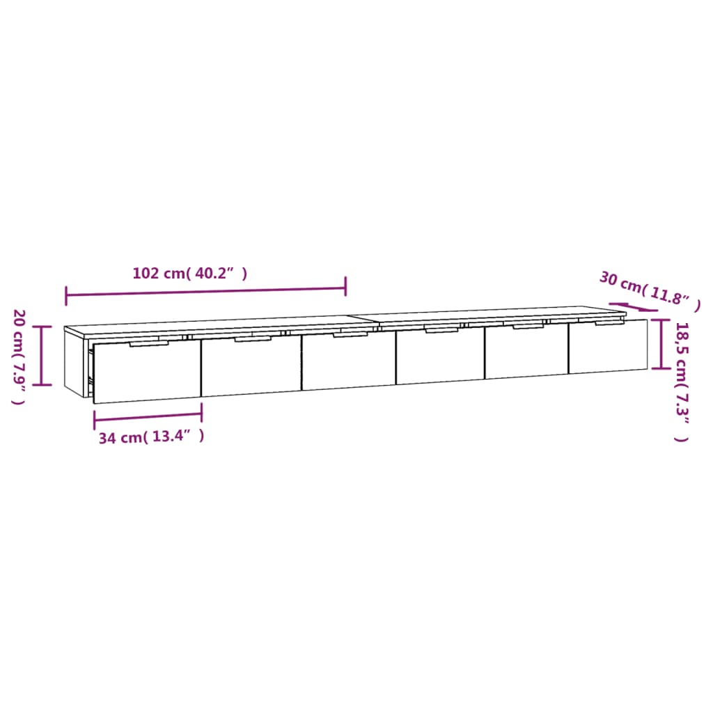 vidaXL Mobili a Parete 2 pz Nero 102x30x20 cm in Legno Multistrato