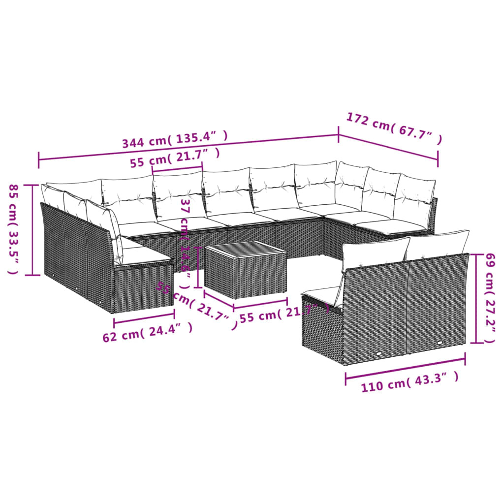 vidaXL Set Divano da Giardino 13 pz con Cuscini Beige in Polyrattan