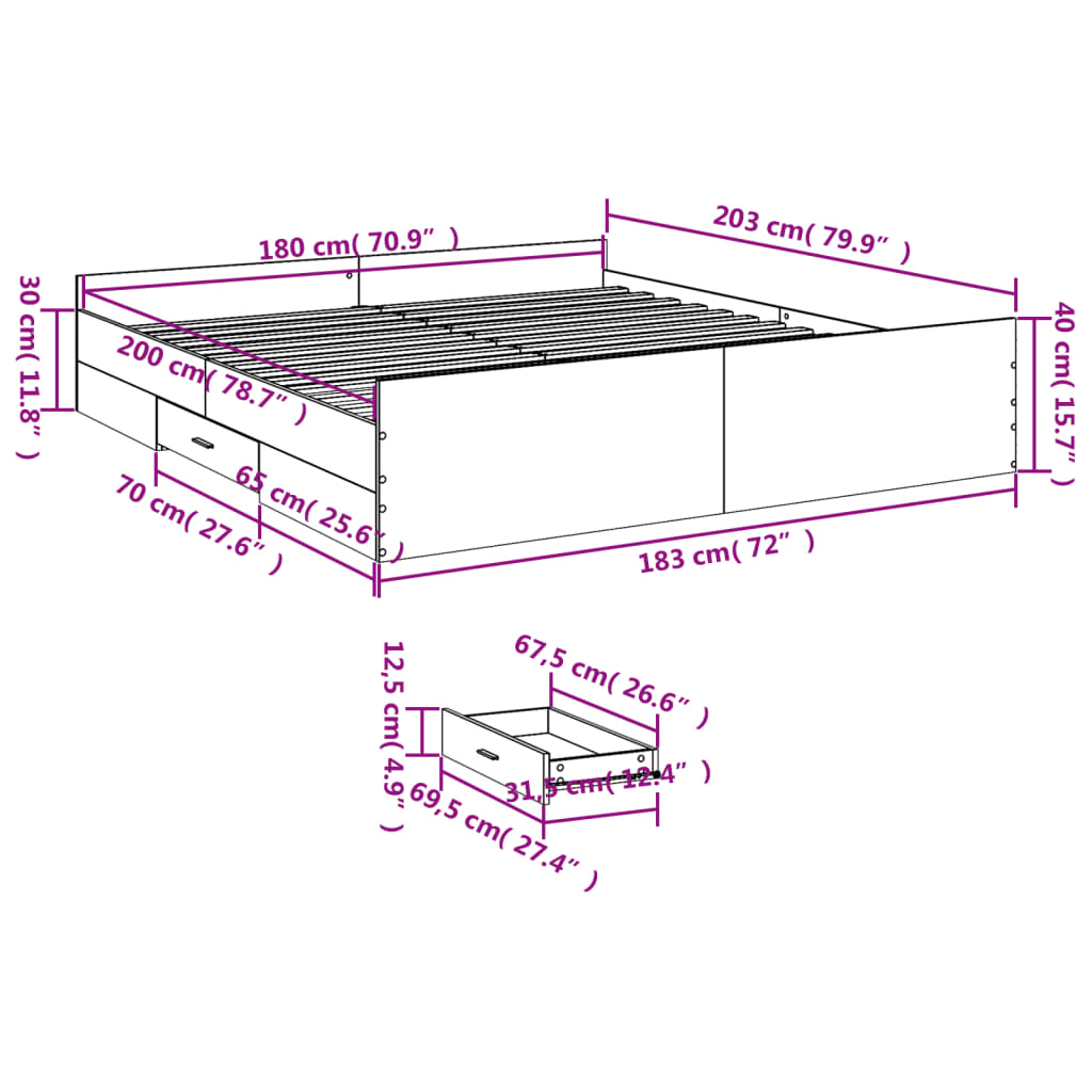 vidaXL Giroletto Cassetti Rovere Sonoma 180x200 cm Legno Multistrato