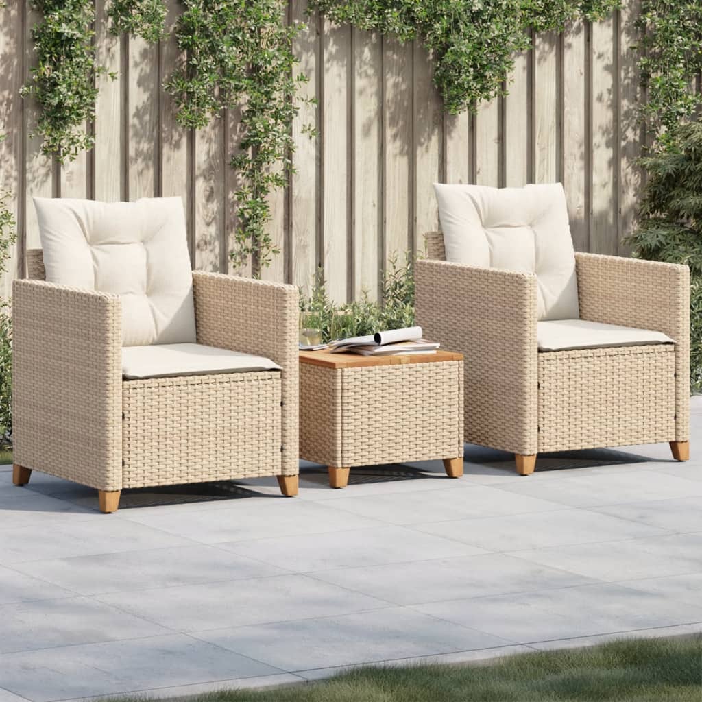 vidaXL Set da Bistrò 3 pz con Cuscini Beige Polyrattan e Legno Acacia