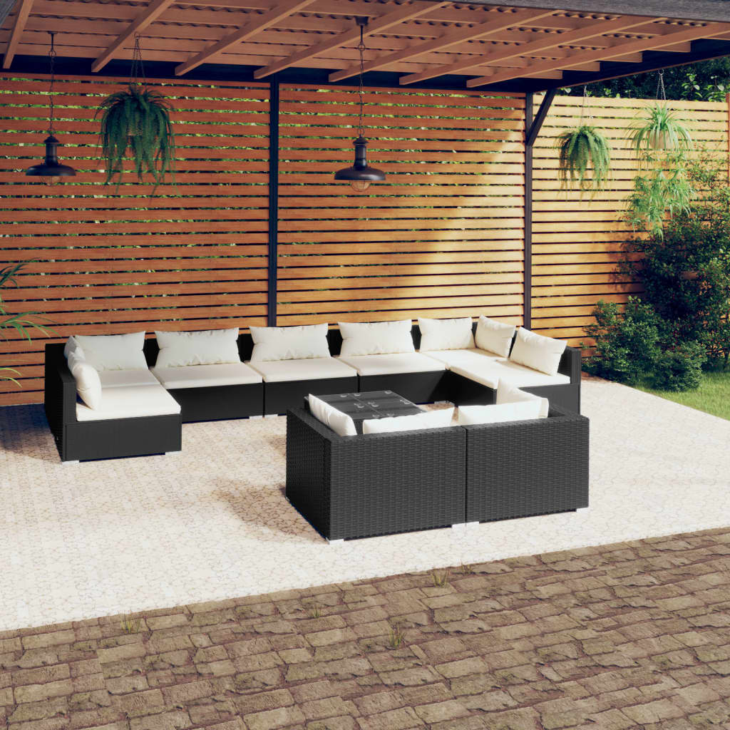 vidaXL Set Divani da Giardino 10 pz con Cuscini in Polyrattan Nero