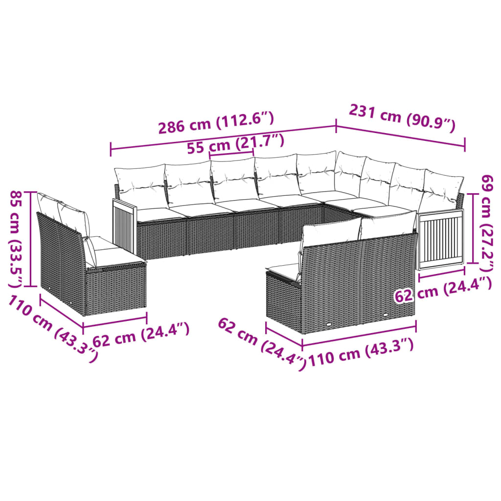 vidaXL Set Divani da Giardino 12 pz con Cuscini Beige in Polyrattan