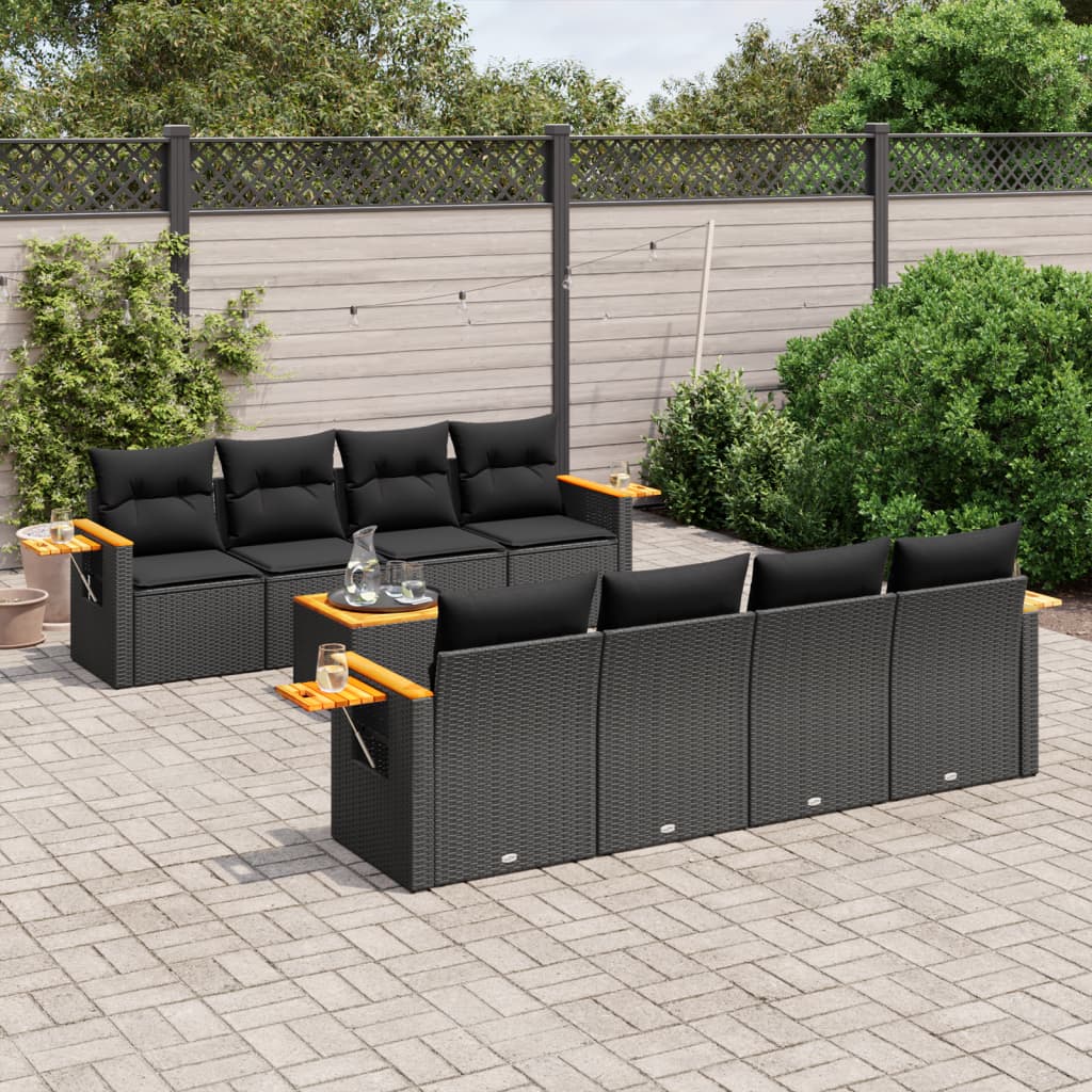 vidaXL Set Divani da Giardino 9 pz con Cuscini Nero in Polyrattan