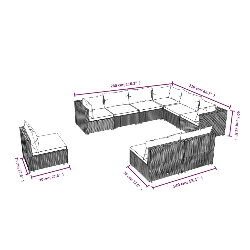 vidaXL Set Divani da Giardino 9 pz con Cuscini in Polyrattan Marrone