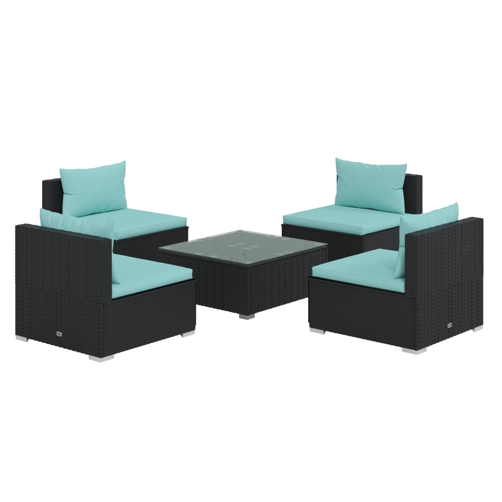 vidaXL Set Divani da Giardino 5 pz con Cuscini in Polyrattan Nero