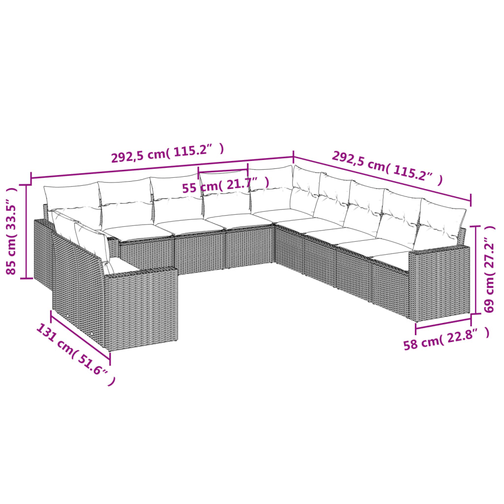 vidaXL Set Divani da Giardino 11 pz con Cuscini Beige in Polyrattan