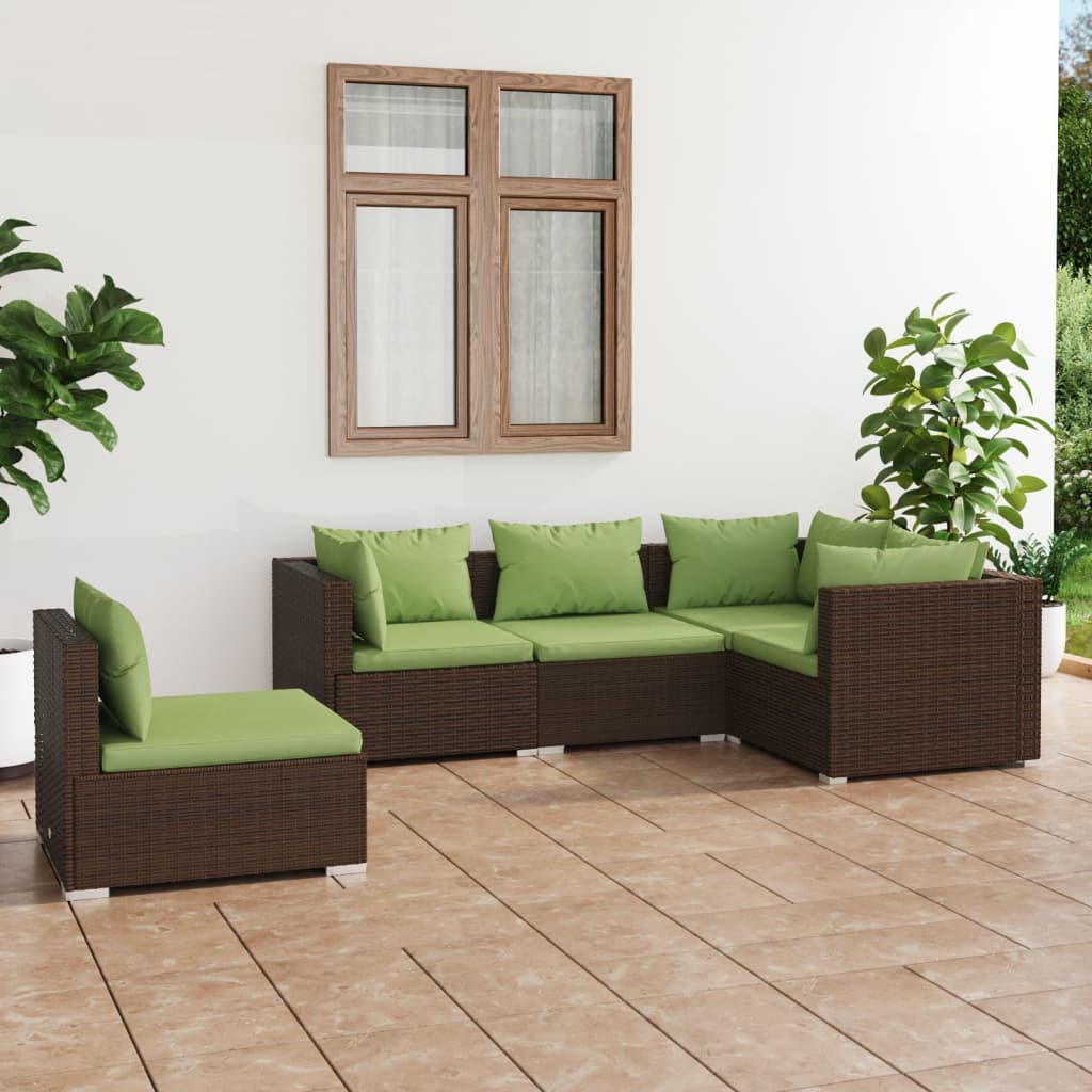 vidaXL Set Divani da Giardino 5 pz con Cuscini in Polyrattan Marrone