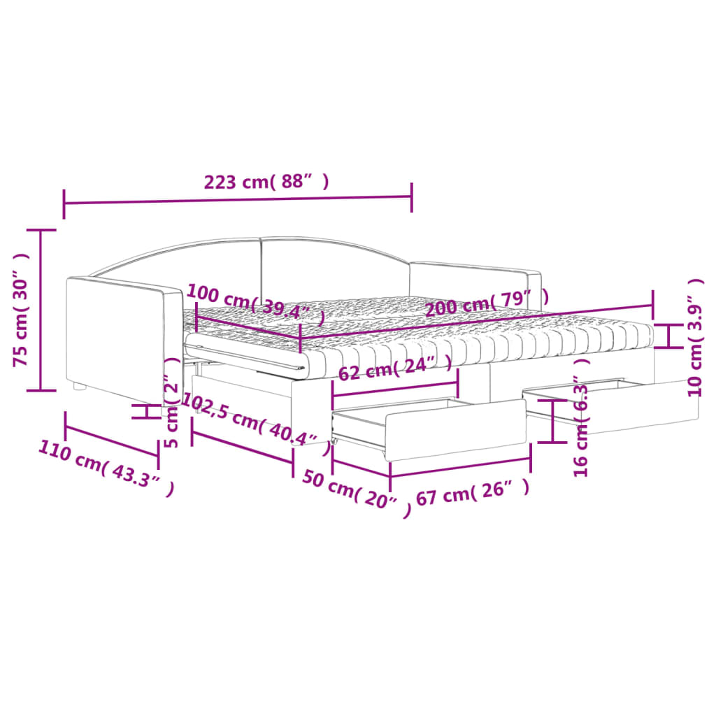 vidaXL Divano Letto Estraibile con Cassetti Crema 100x200cm in Tessuto