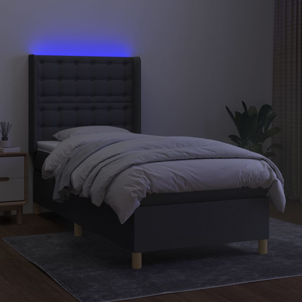 vidaXL Letto a Molle Materasso e LED Grigio Scuro 90x200 cm in Tessuto