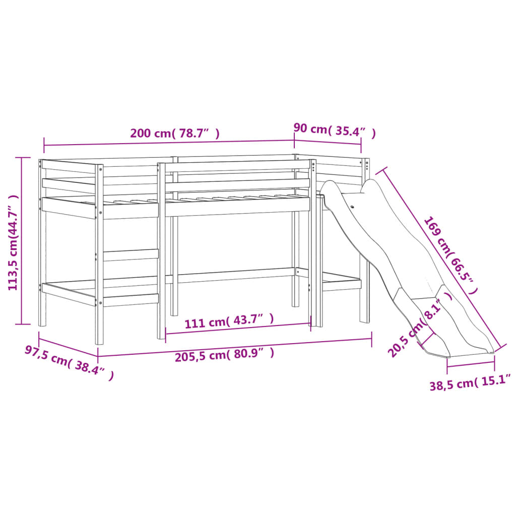 vidaXL Letto a Soppalco con Tunnel Bambini Rosa 90x200cm Massello Pino