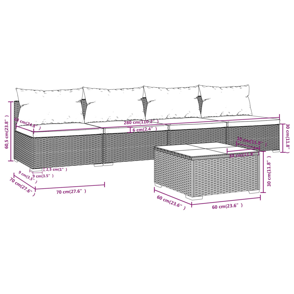 vidaXL Set Divani da Giardino 5 pz con Cuscini in Polyrattan Grigio