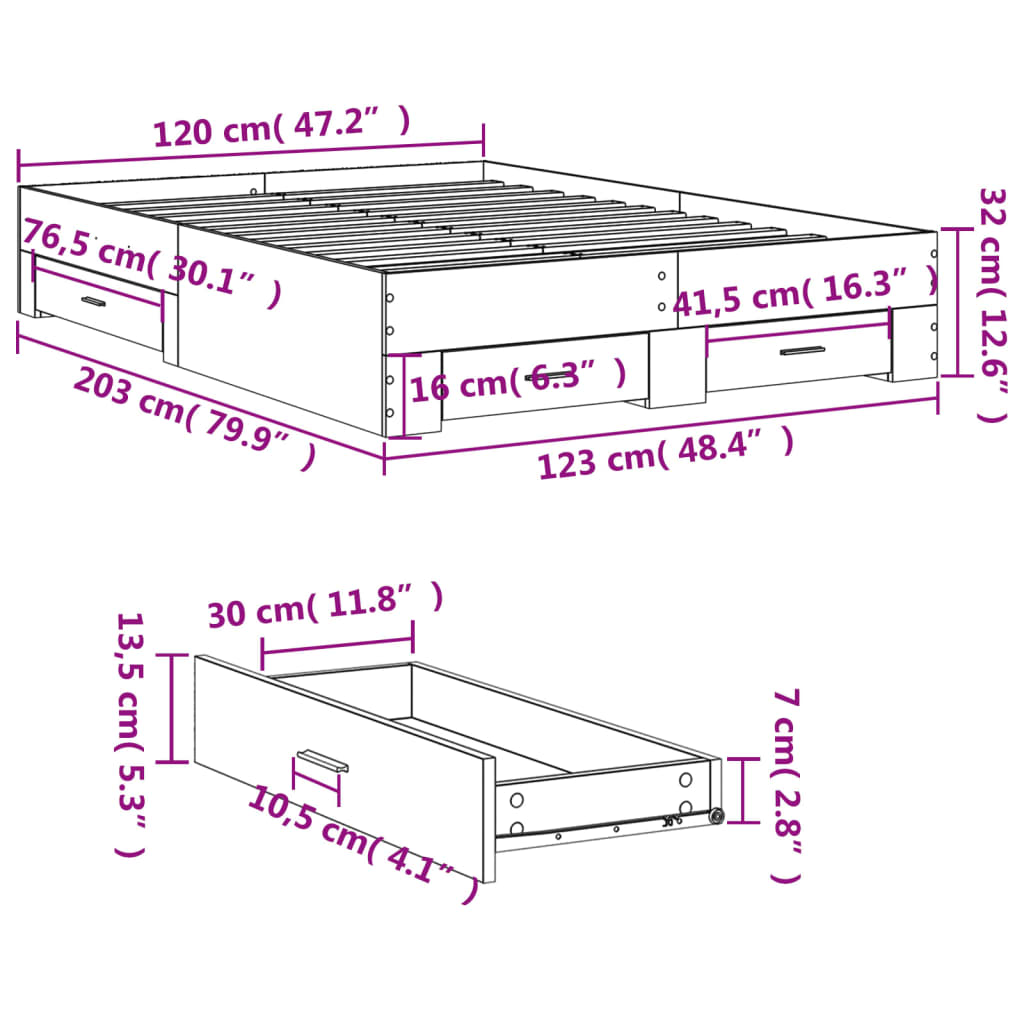 vidaXL Giroletto Cassetti Grigio Sonoma 120x200 cm Legno Multistrato