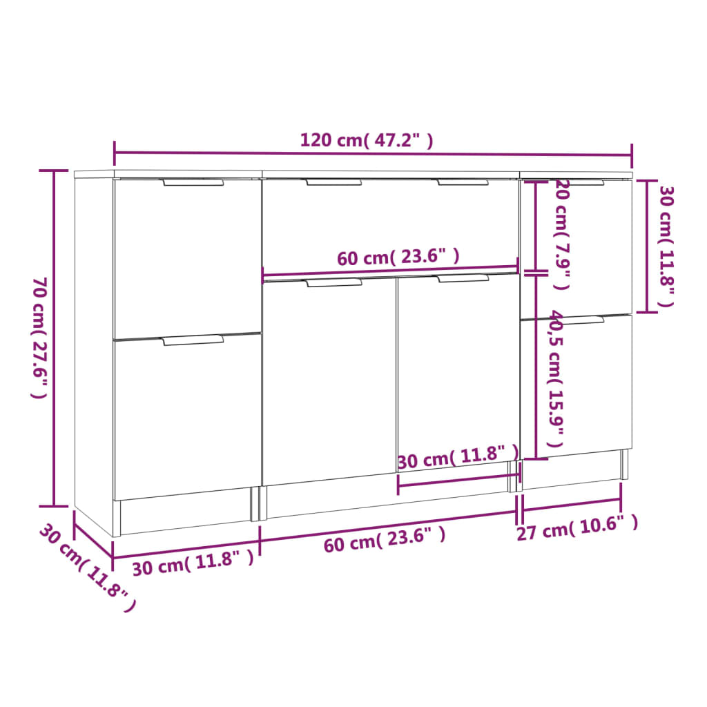 vidaXL Credenze 3 pz Bianco Lucido in Legno Multistrato