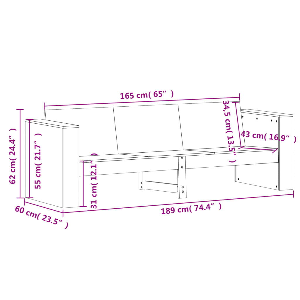 vidaXL Divano da Giardino 3 Posti 189x60x62 cm Legno Massello Douglas