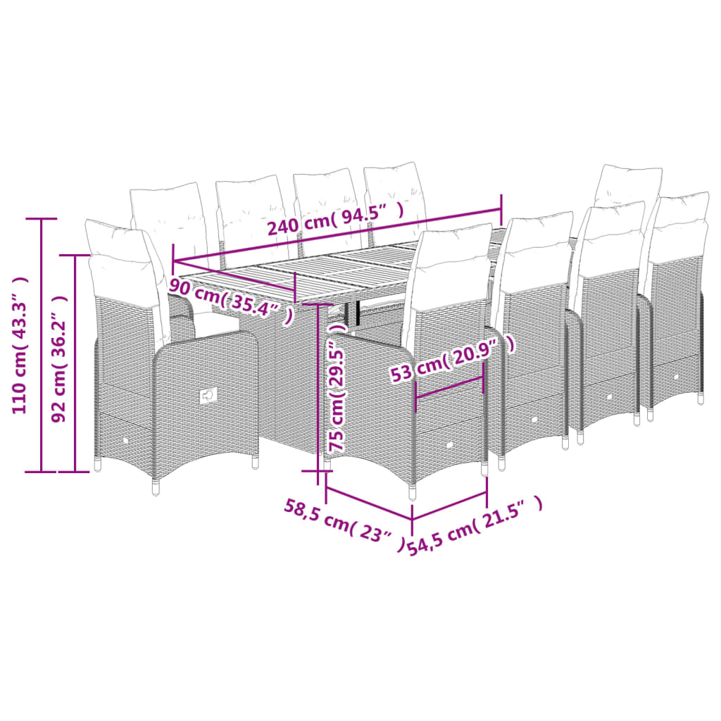 vidaXL Set Bistrò da Giardino 11 pz con Cuscini in Polyrattan Grigio