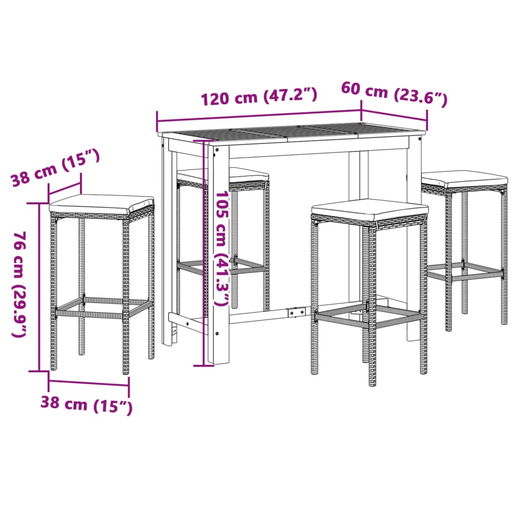 vidaXL Set Bar da Giardino 5 pz Nero in Legno Acacia e Polyrattan