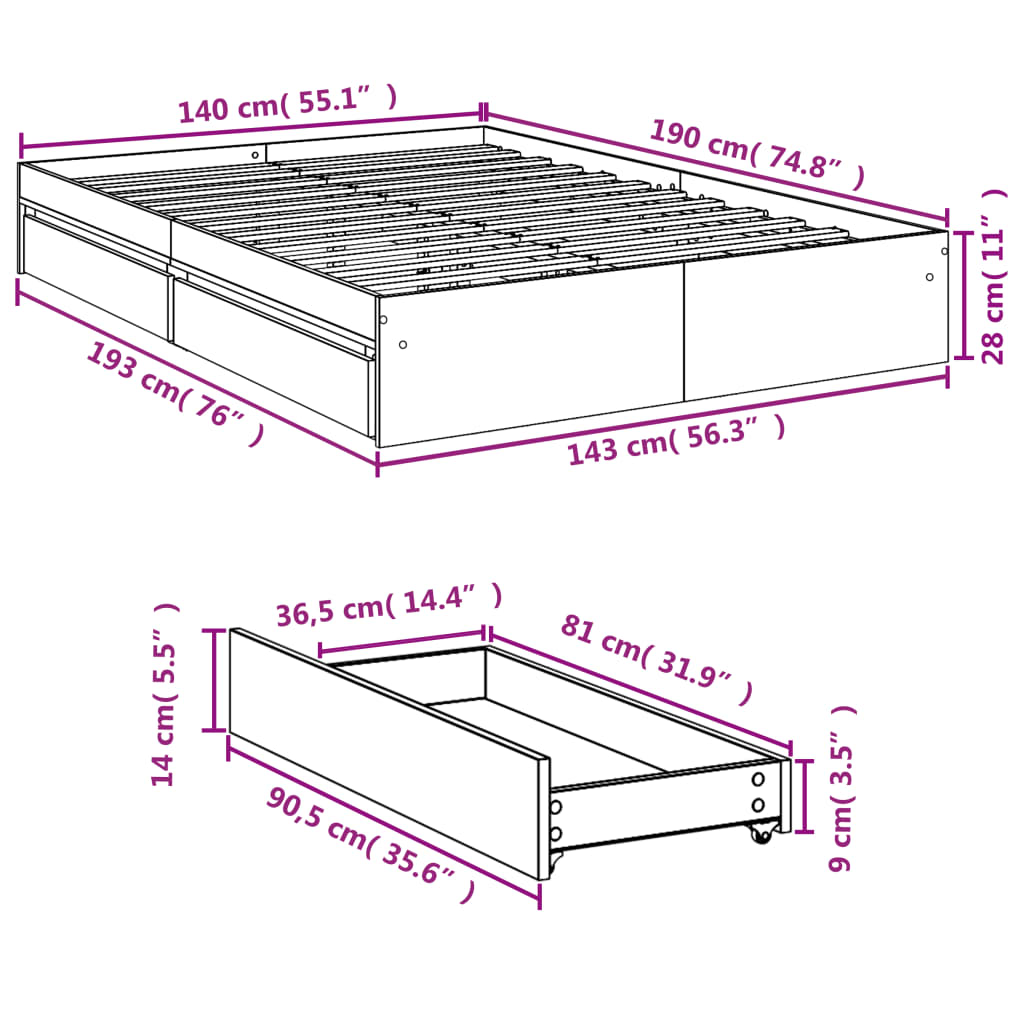 vidaXL Giroletto Cassetti Rovere Sonoma 140x190 cm Legno Multistrato