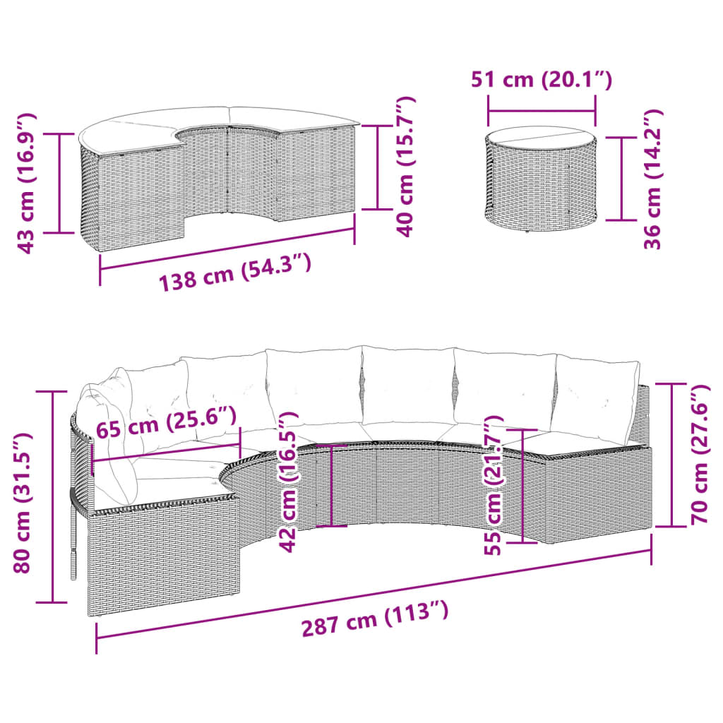 vidaXL Set Divani da Giardino Semicircolare 3 pz in Polyrattan Nero