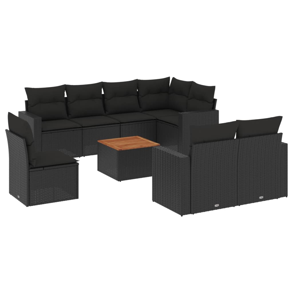 vidaXL Set Divani da Giardino 9 pz con Cuscini Nero in Polyrattan