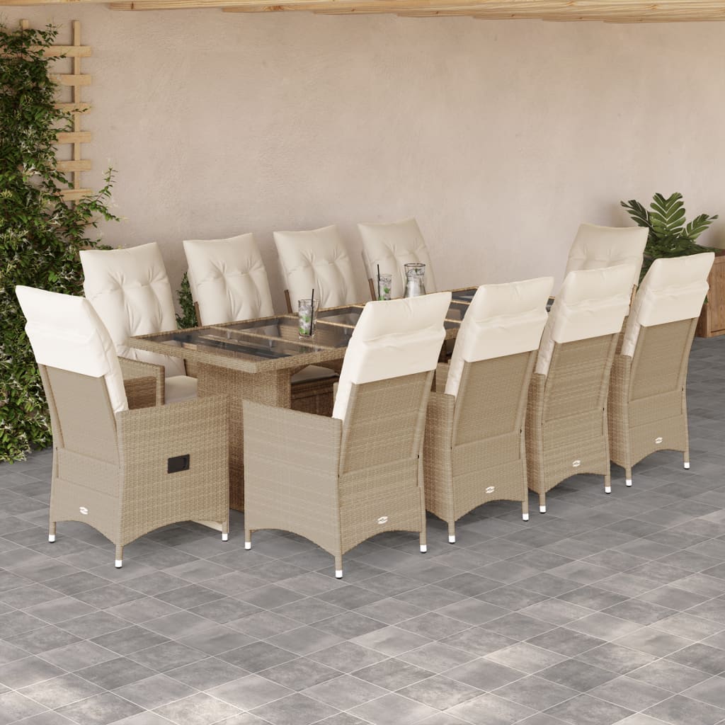 vidaXL Set Bistrò da Giardino 11 pz con Cuscini in Polyrattan Beige