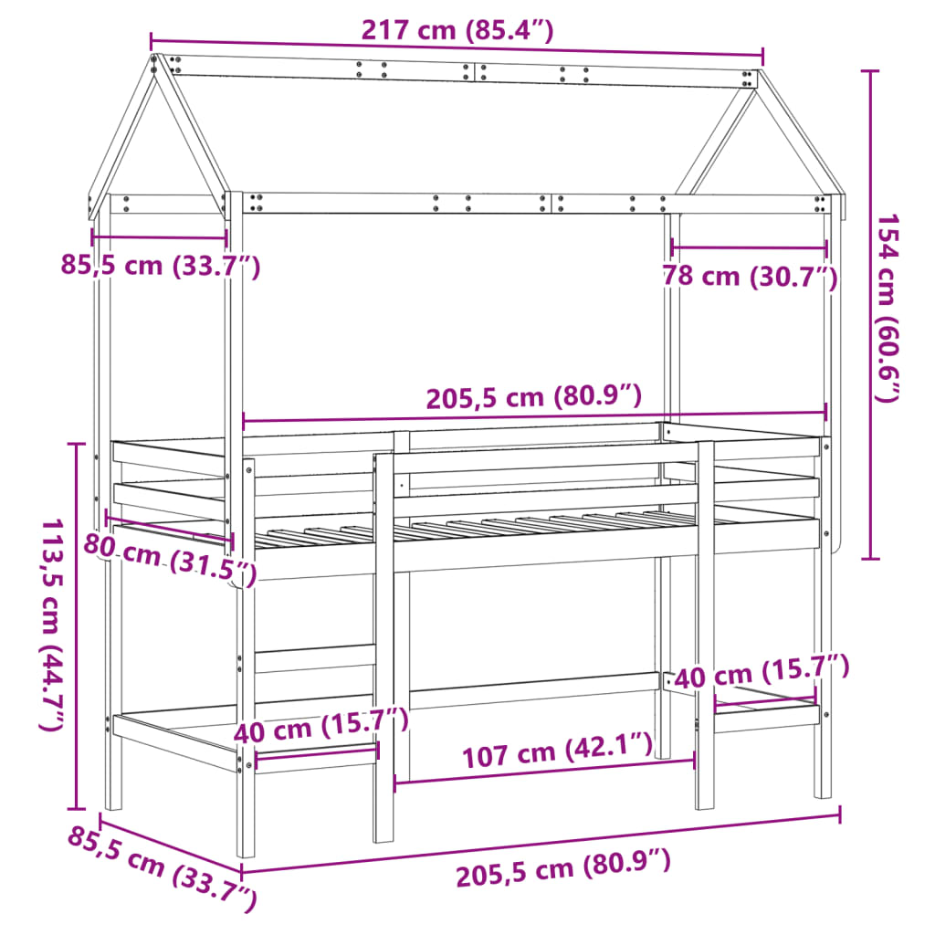 vidaXL Letto Soppalco con Scala e Tetto 80x200 cm Legno Massello Pino