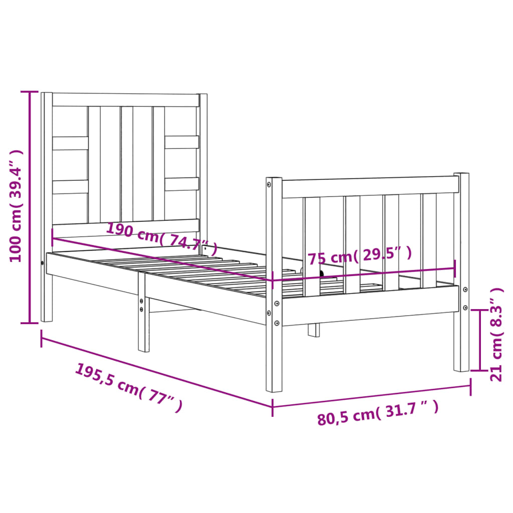 vidaXL Giroletto con Testiera Nero Small Single in Legno Massello