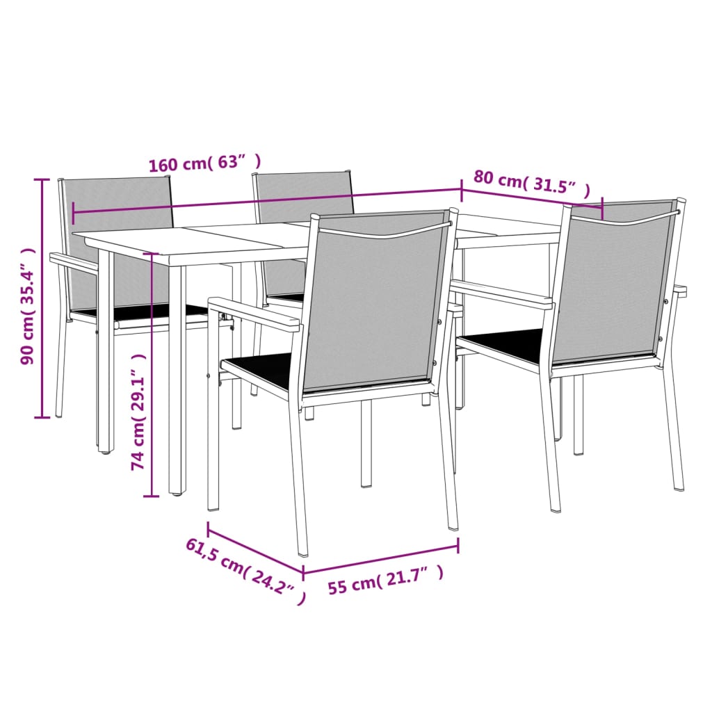 vidaXL Set da Pranzo da Giardino 5 pz Nero in Textilene e Acciaio