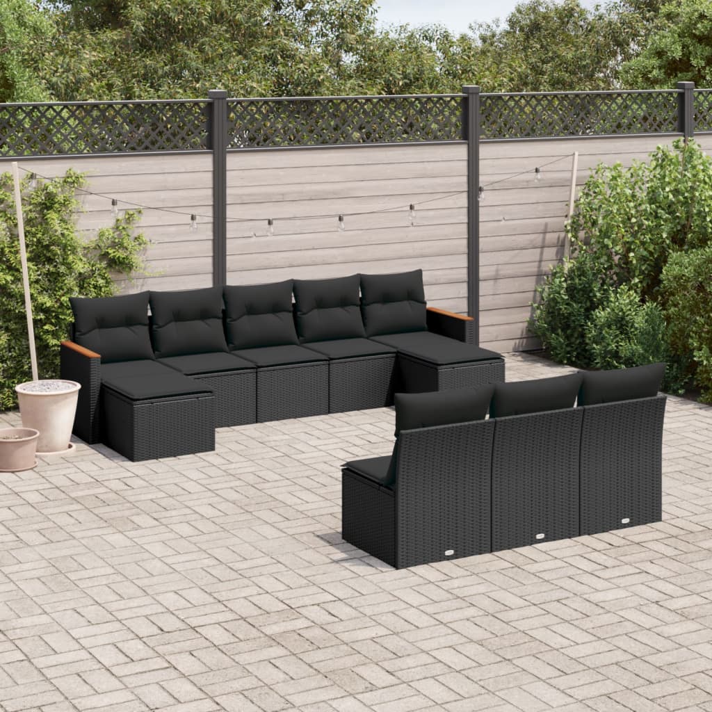 vidaXL Set Divani da Giardino 10pz con Cuscini in Polyrattan Nero