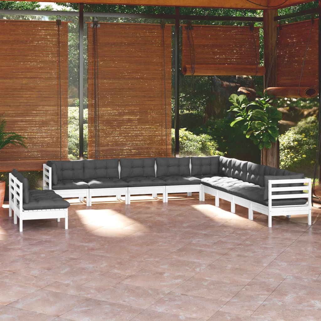 vidaXL Set Divani da Giardino 11 pz con Cuscini Bianchi Legno di Pino