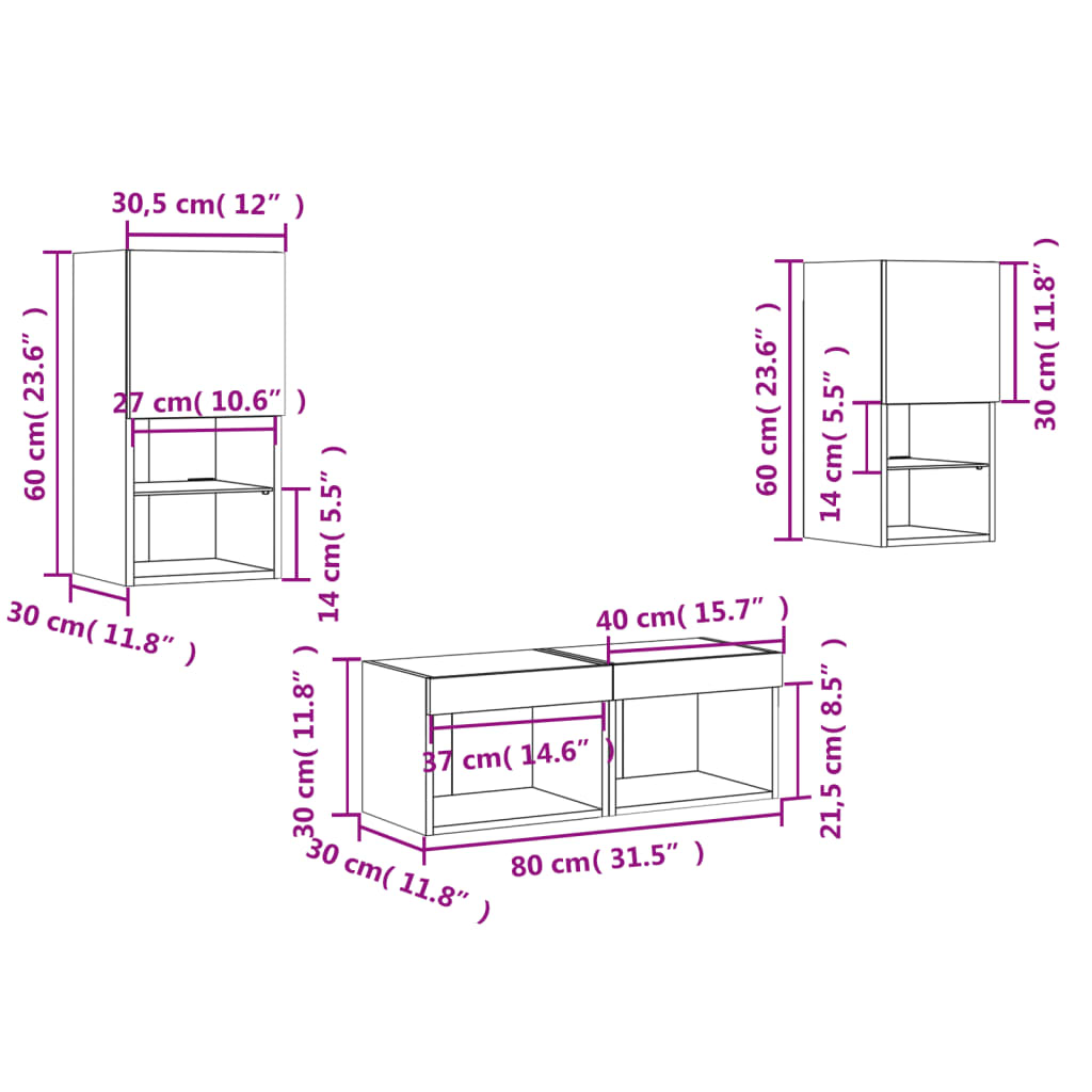 vidaXL Mobili TV a Muro 4pz con Luci LED Grigio Cemento