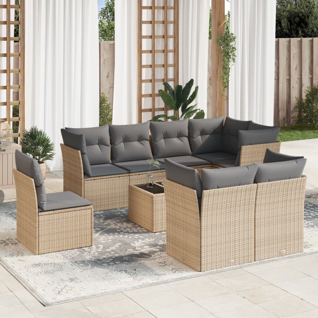 vidaXL Set Divano da Giardino 9 pz con Cuscini Beige in Polyrattan