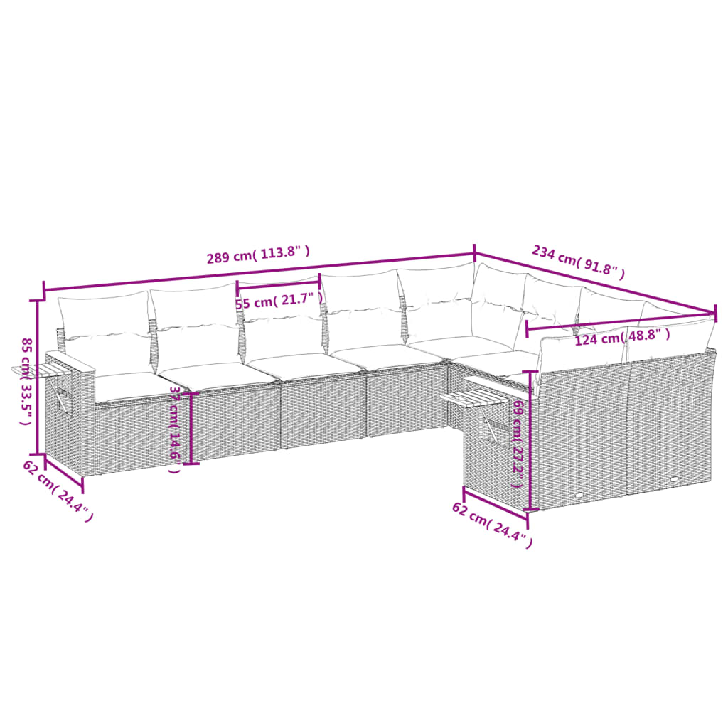 vidaXL Set Divani da Giardino 9 pz con Cuscini Nero in Polyrattan