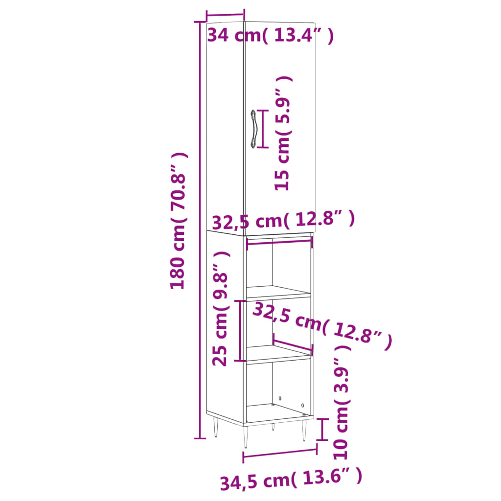 vidaXL Credenza Grigio Cemento 34,5x34x180 cm in Legno Multistrato