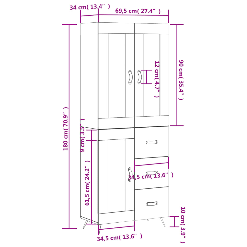 vidaXL Credenza Grigio Sonoma 69,5x34x180 cm in Legno Multistrato