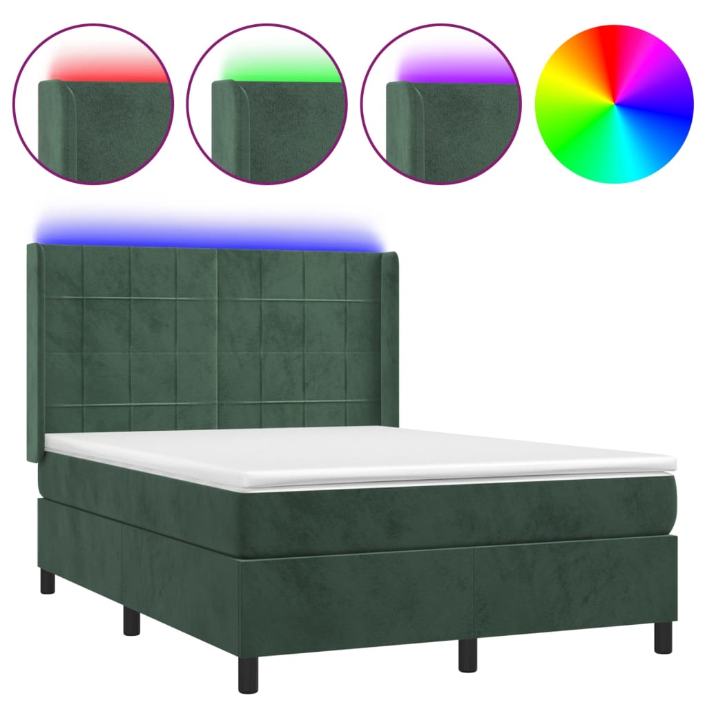 vidaXL Letto a Molle con Materasso e LED Verde Scuro 140x190cm Velluto