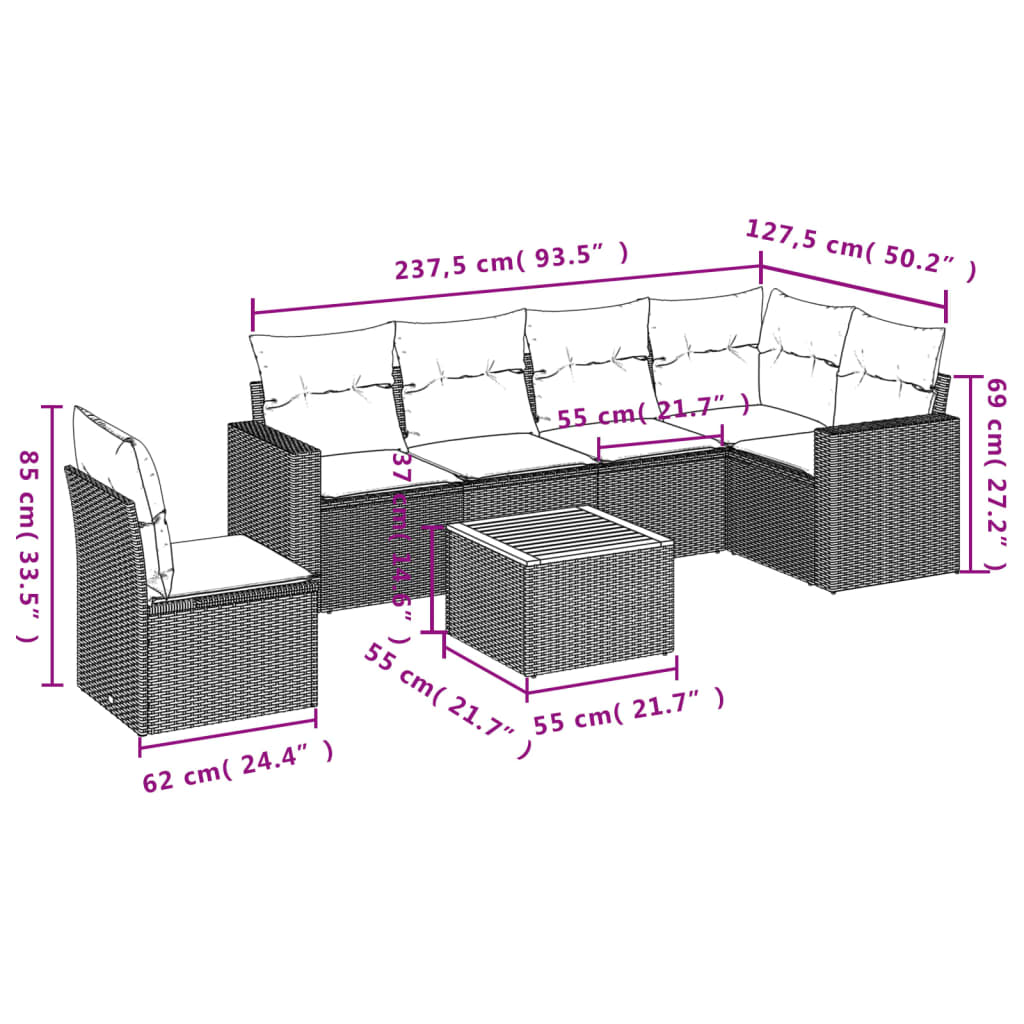 vidaXL Set Divano da Giardino 7 pz con Cuscini Beige Misto Polyrattan