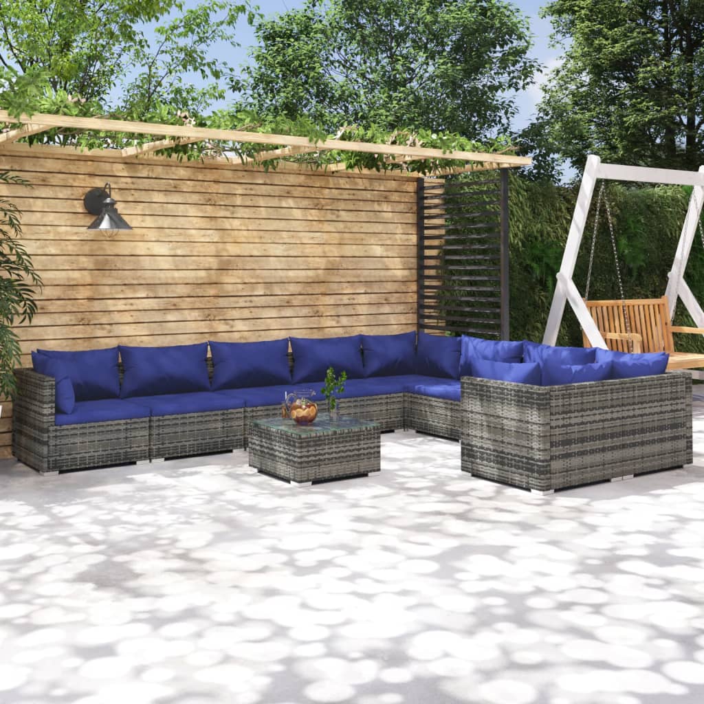 vidaXL Set Divani da Giardino 10 pz con Cuscini in Polyrattan Grigio